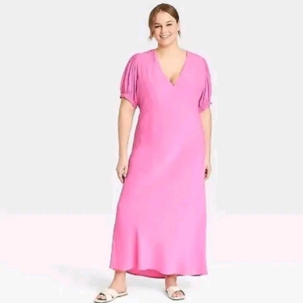 Women's Puff Short Sleeve Dress - A New Day Pink